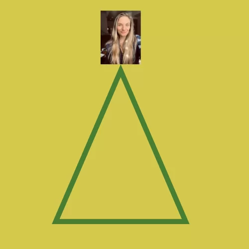 Illustration of an equilateral triangle with a picture of mathematician Kate Ertmann at top corner