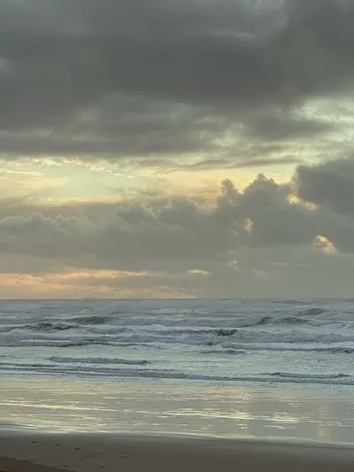 Shoreline of an ocean beach and waves